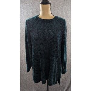 Time And True Women's Chenille Sweater Crew Neck Tunic Teal and Black Size Large